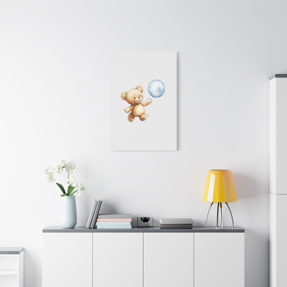Nursery Canvas: Cute Teddy Bear with Blue Balloon Wall Art