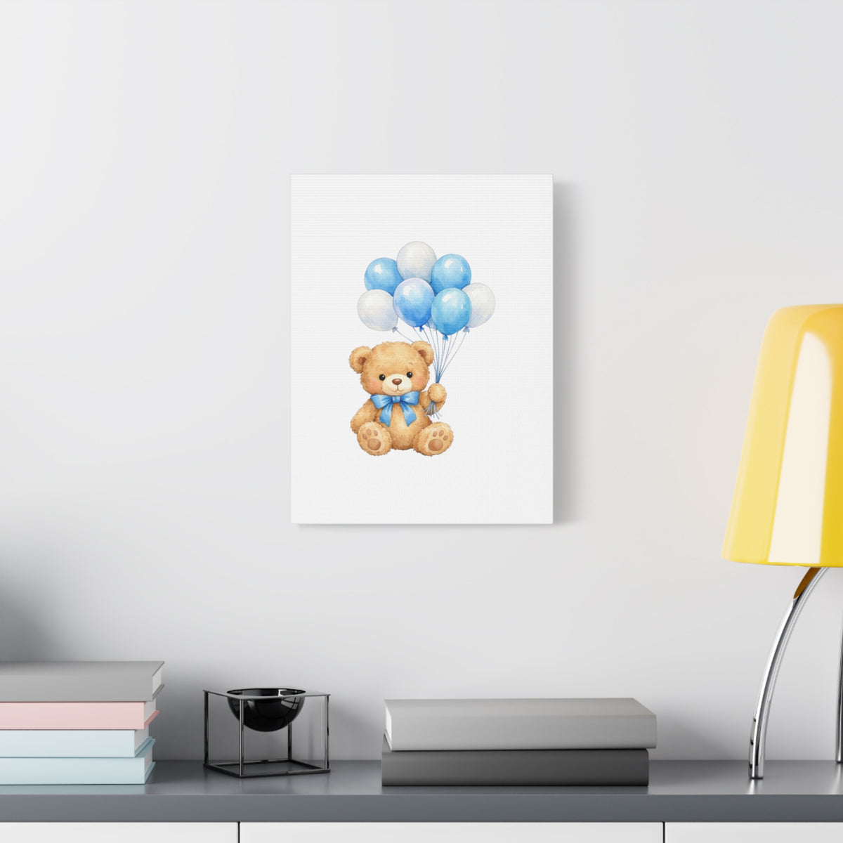 Baby Blue Teddy with Balloons Canvas Print — Nursery Wall Art