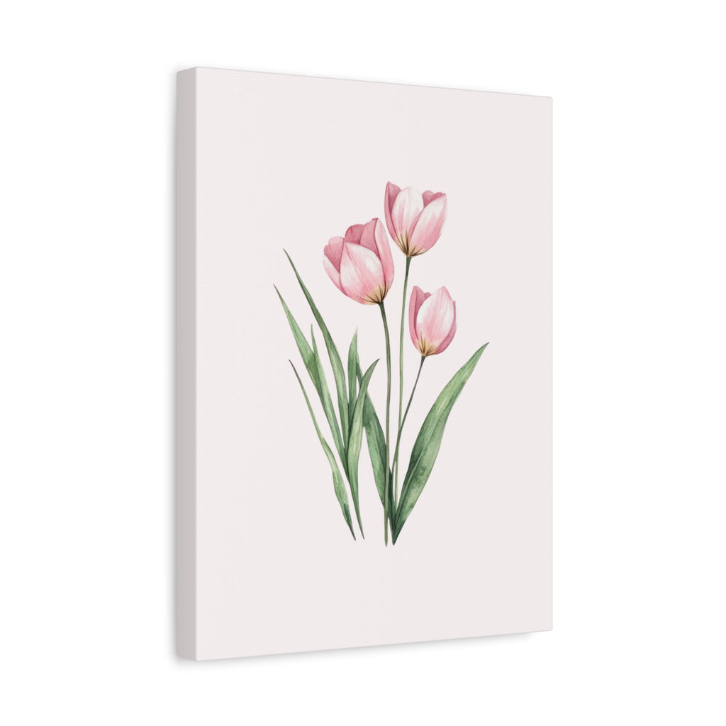 Pink Tulip Watercolor Canvas Print — Stretched Matte Floral Wall Art for Baby Girl Nursery
