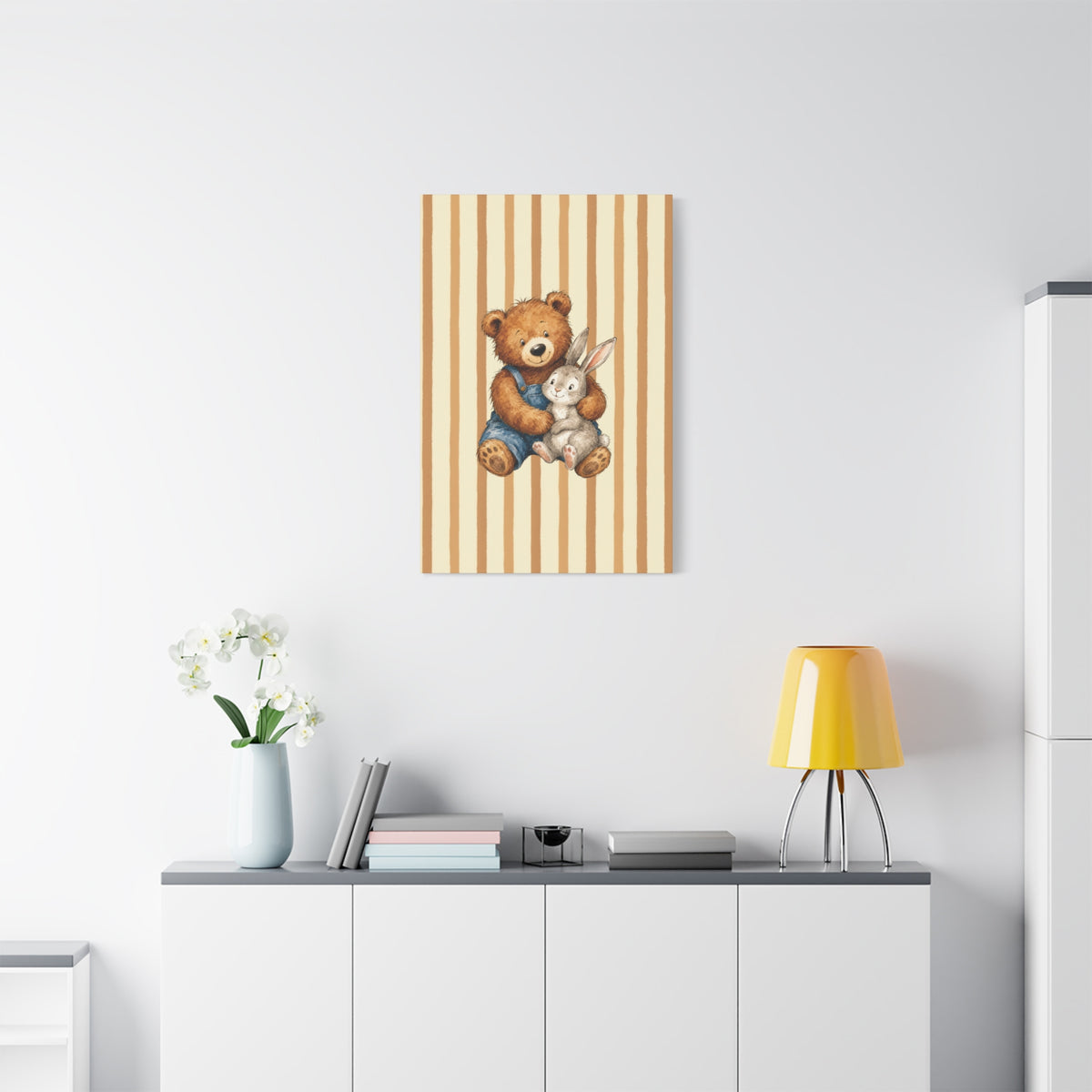 Nursery Canvas Wall Art – Teddy Bear and Bunny on Beige Stripes
