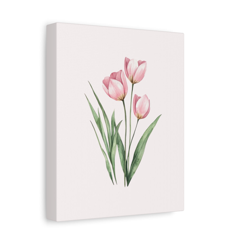 Pink Tulip Watercolor Canvas Print — Stretched Matte Floral Wall Art for Baby Girl Nursery