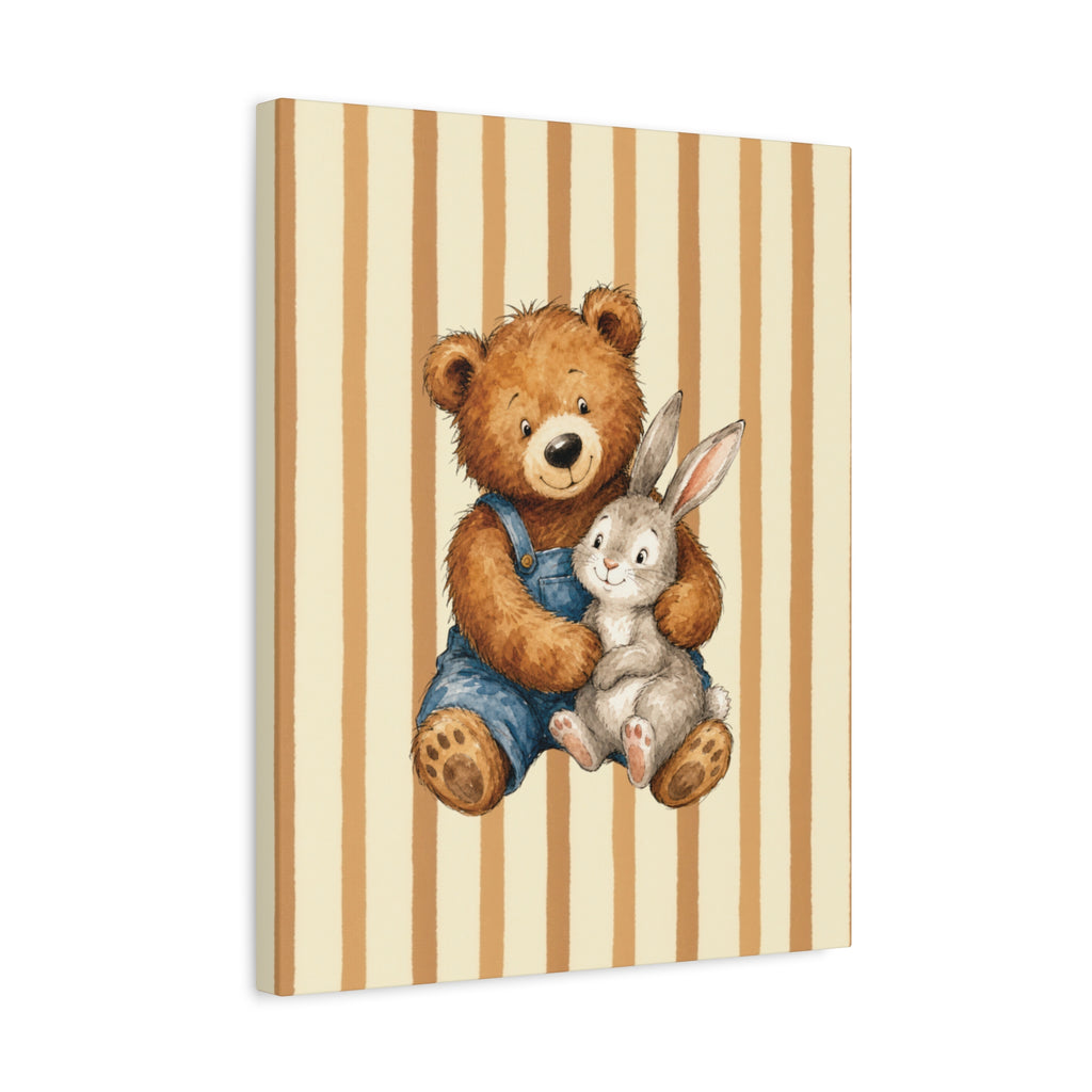 Nursery Canvas Wall Art – Teddy Bear and Bunny on Beige Stripes