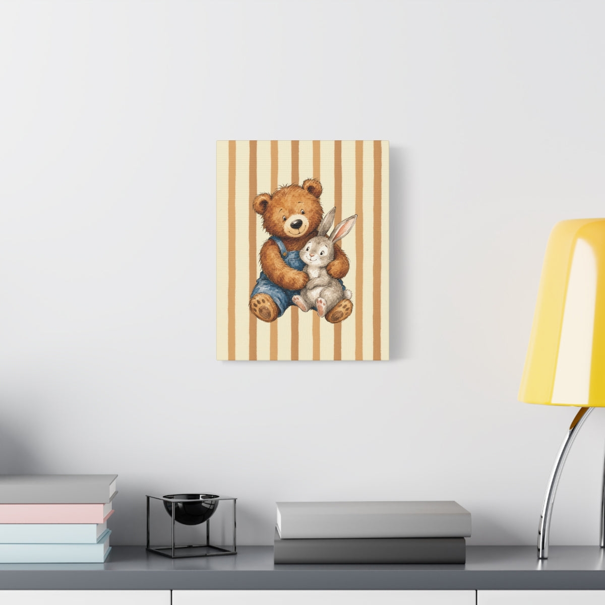 Nursery Canvas Wall Art – Teddy Bear and Bunny on Beige Stripes