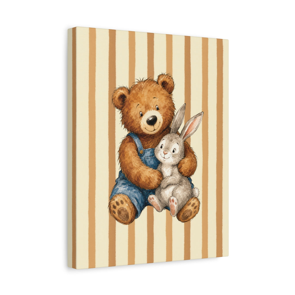 Nursery Canvas Wall Art – Teddy Bear and Bunny on Beige Stripes