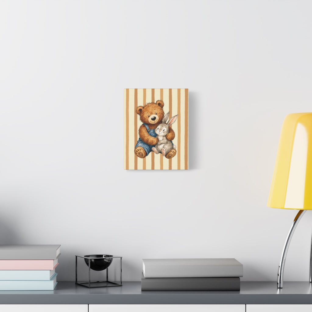 Nursery Canvas Wall Art – Teddy Bear and Bunny on Beige Stripes