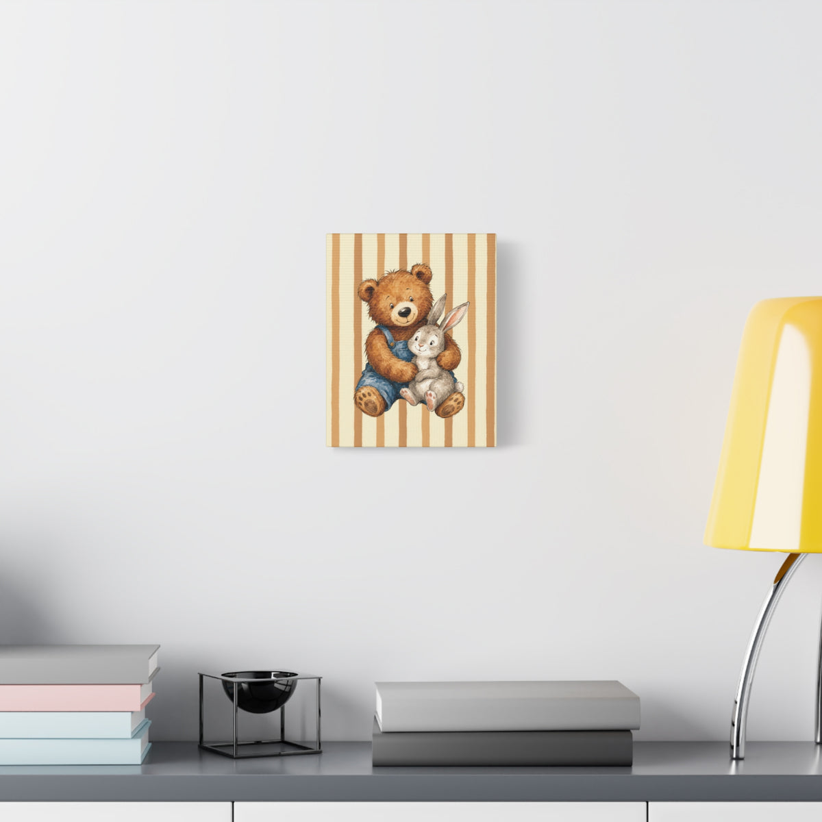 Nursery Canvas Wall Art – Teddy Bear and Bunny on Beige Stripes
