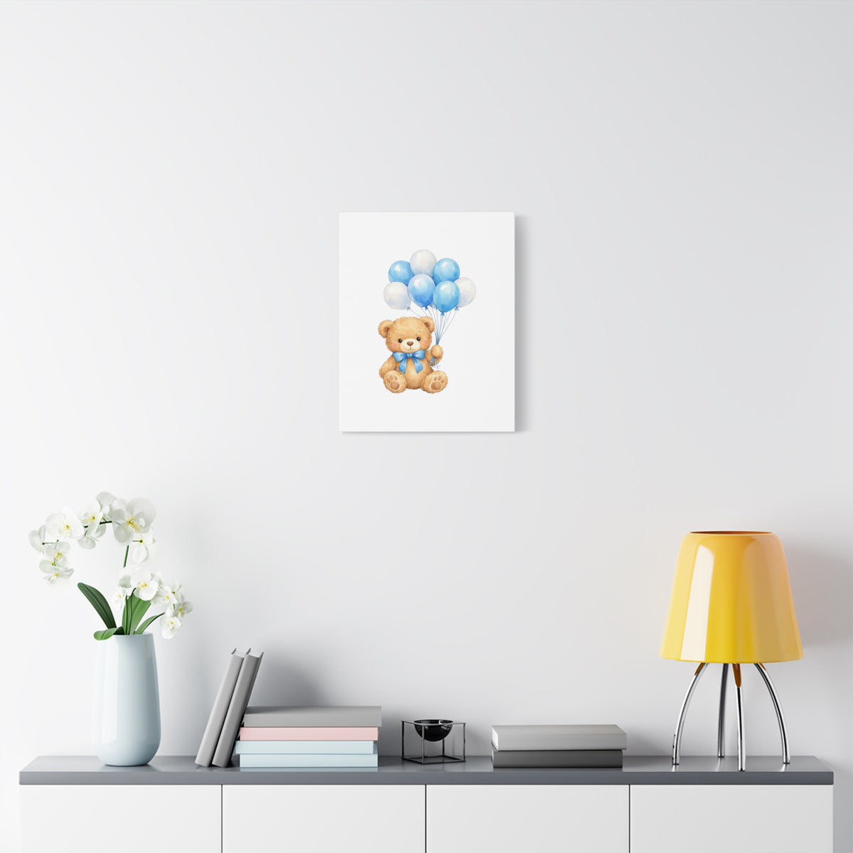 Baby Blue Teddy with Balloons Canvas Print — Nursery Wall Art