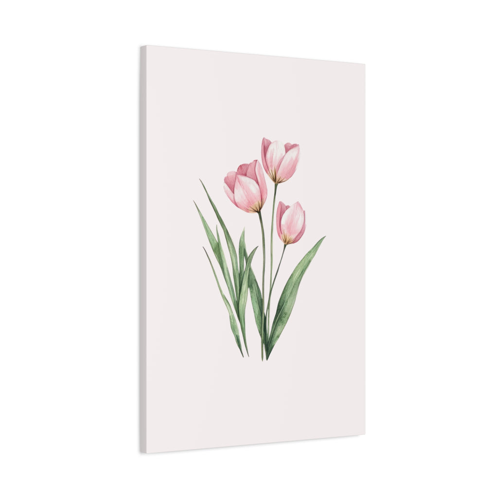 Pink Tulip Watercolor Canvas Print — Stretched Matte Floral Wall Art for Baby Girl Nursery