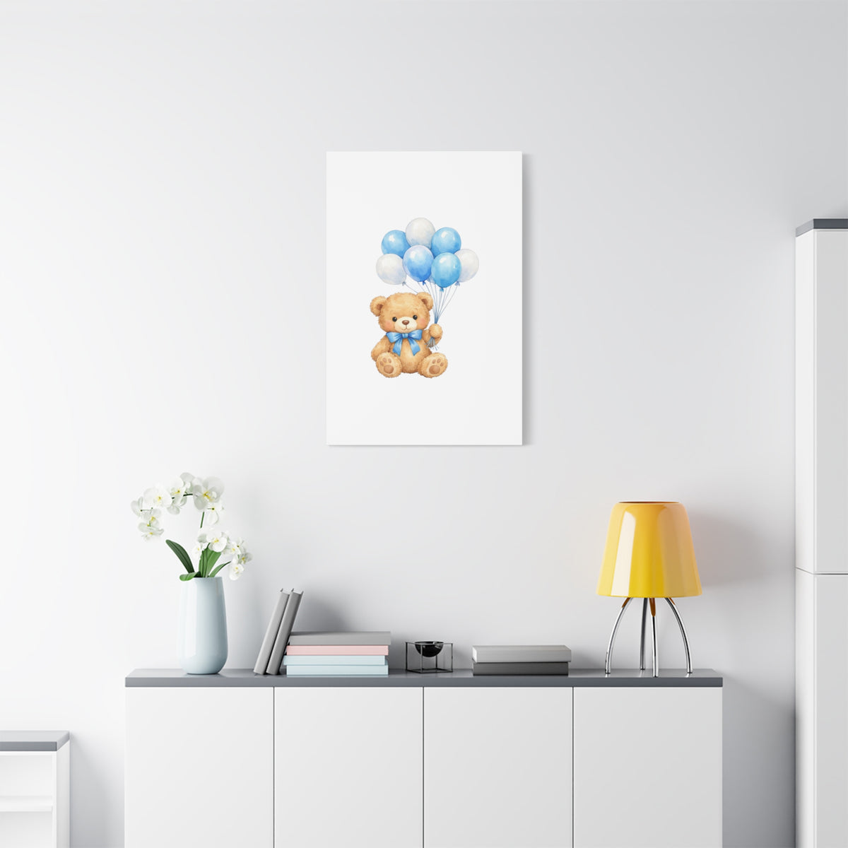 Baby Blue Teddy with Balloons Canvas Print — Nursery Wall Art