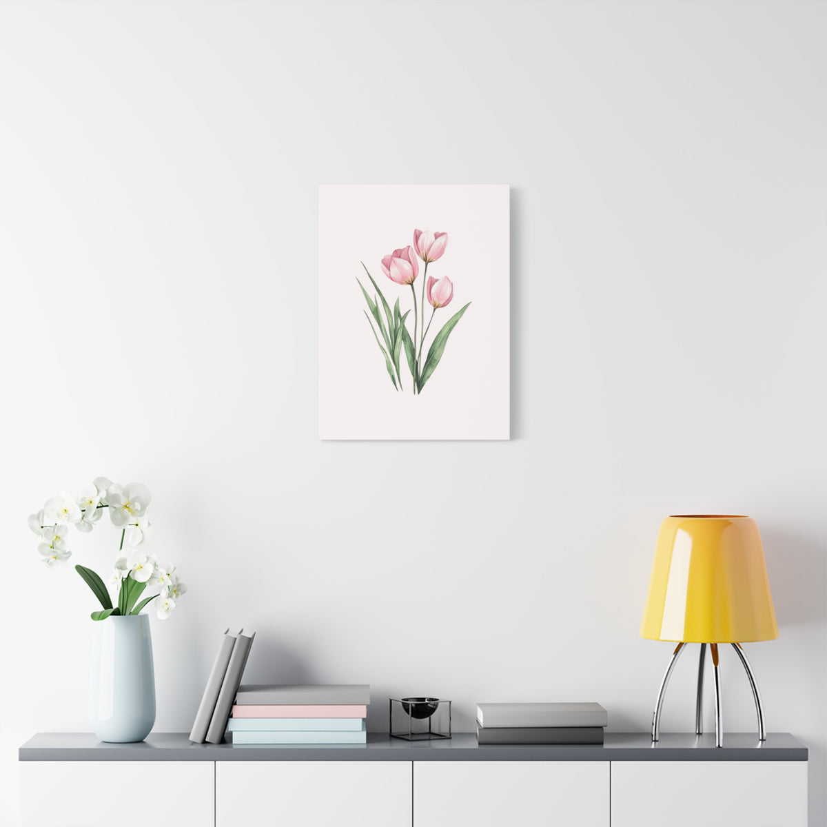 Pink Tulip Watercolor Canvas Print — Stretched Matte Floral Wall Art for Baby Girl Nursery