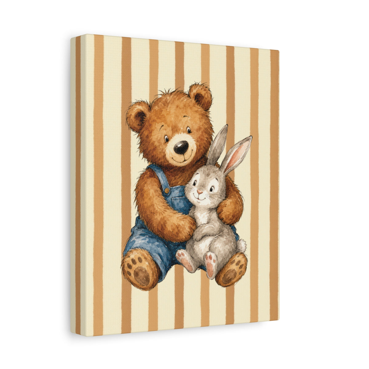 Nursery Canvas Wall Art – Teddy Bear and Bunny on Beige Stripes