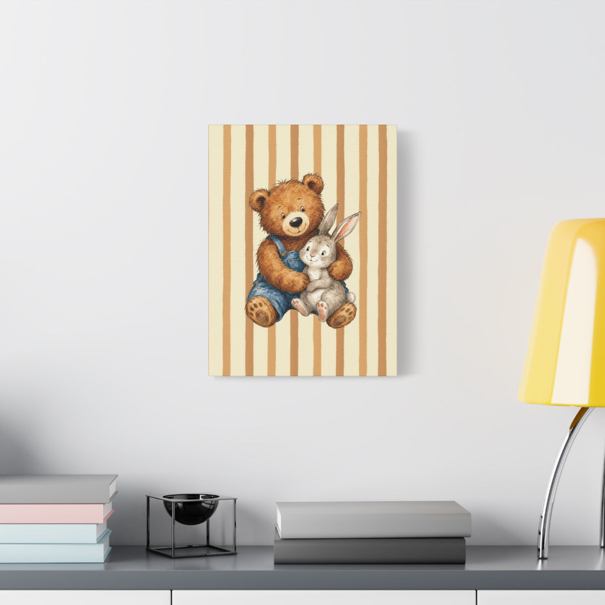 Nursery Canvas Wall Art – Teddy Bear and Bunny on Beige Stripes