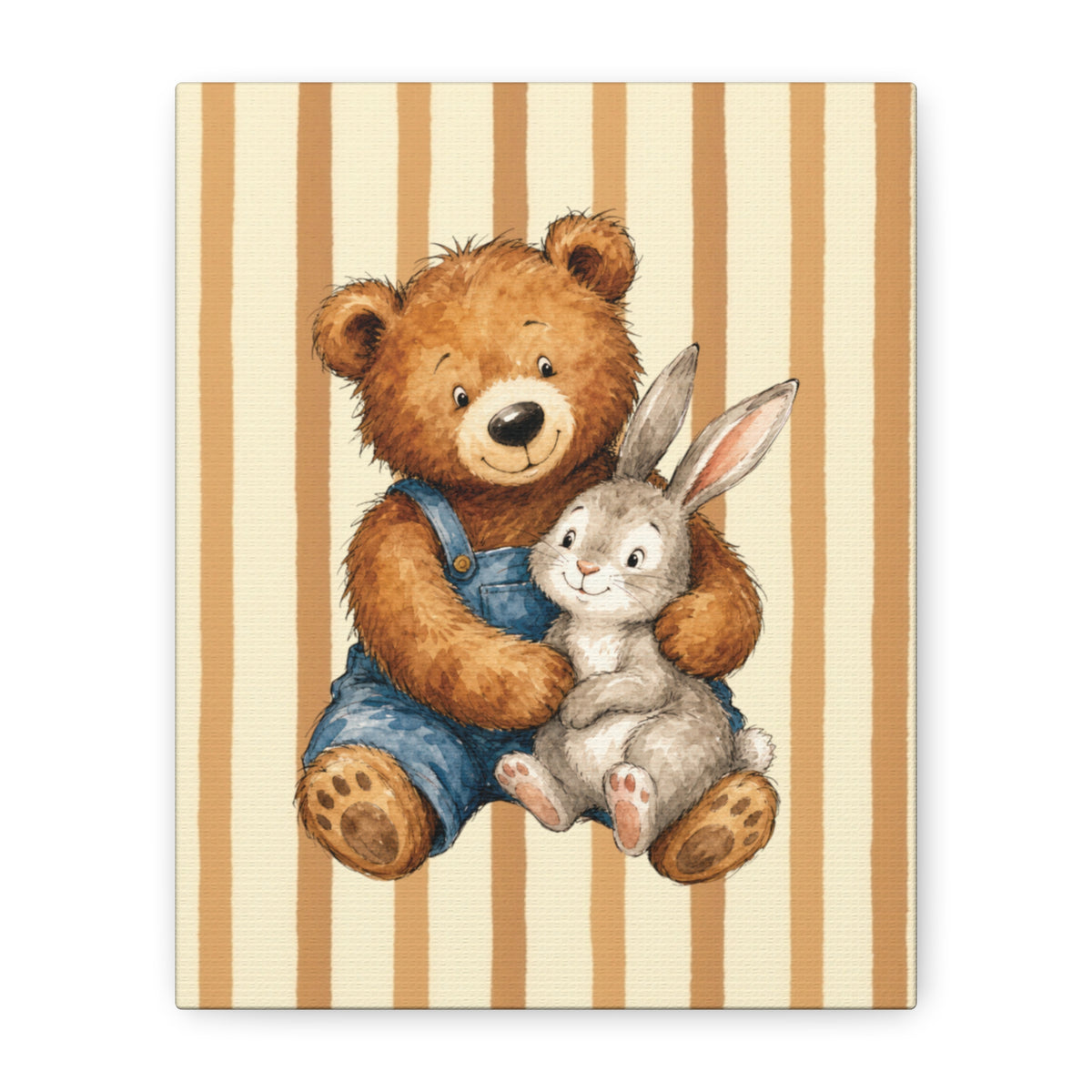 Nursery Canvas Wall Art – Teddy Bear and Bunny on Beige Stripes