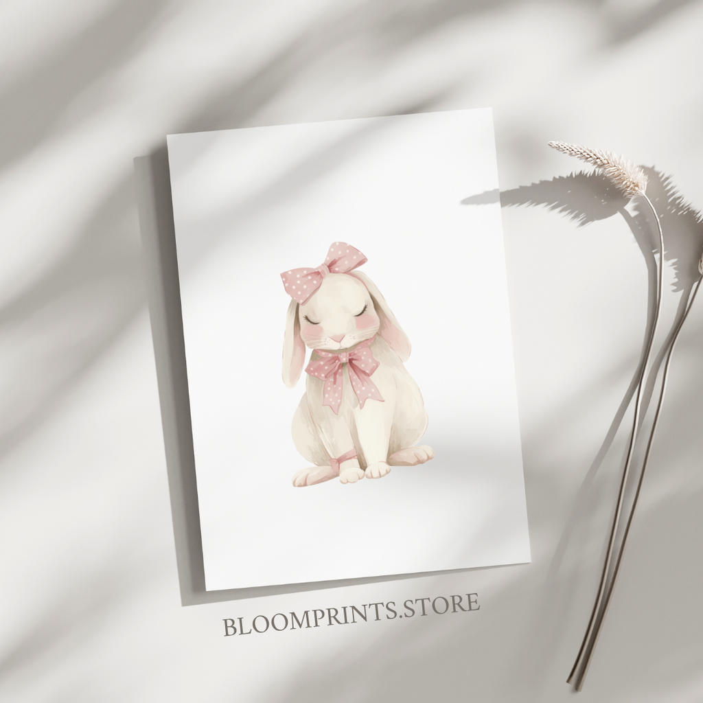 Nursery Bunny Poster — Soft Pink Bow Rabbit Wall Art ( Archival Matte)