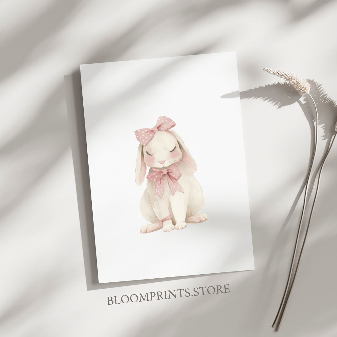 Nursery Bunny Poster — Soft Pink Bow Rabbit Wall Art ( Archival Matte)