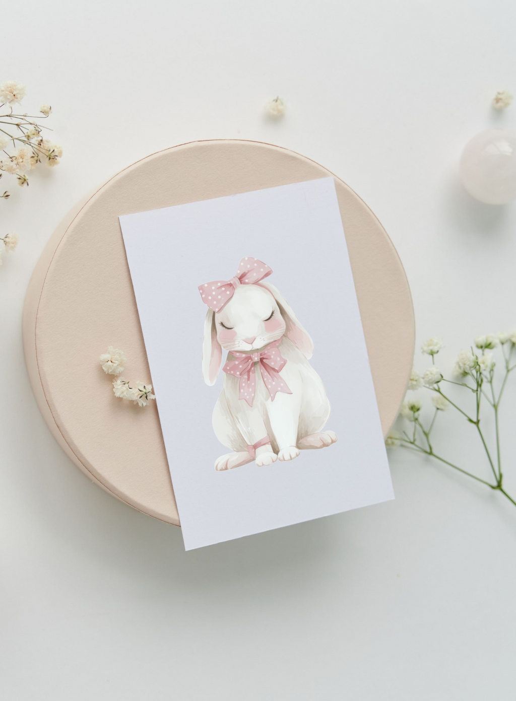 Nursery Bunny Poster — Soft Pink Bow Rabbit Wall Art ( Archival Matte)