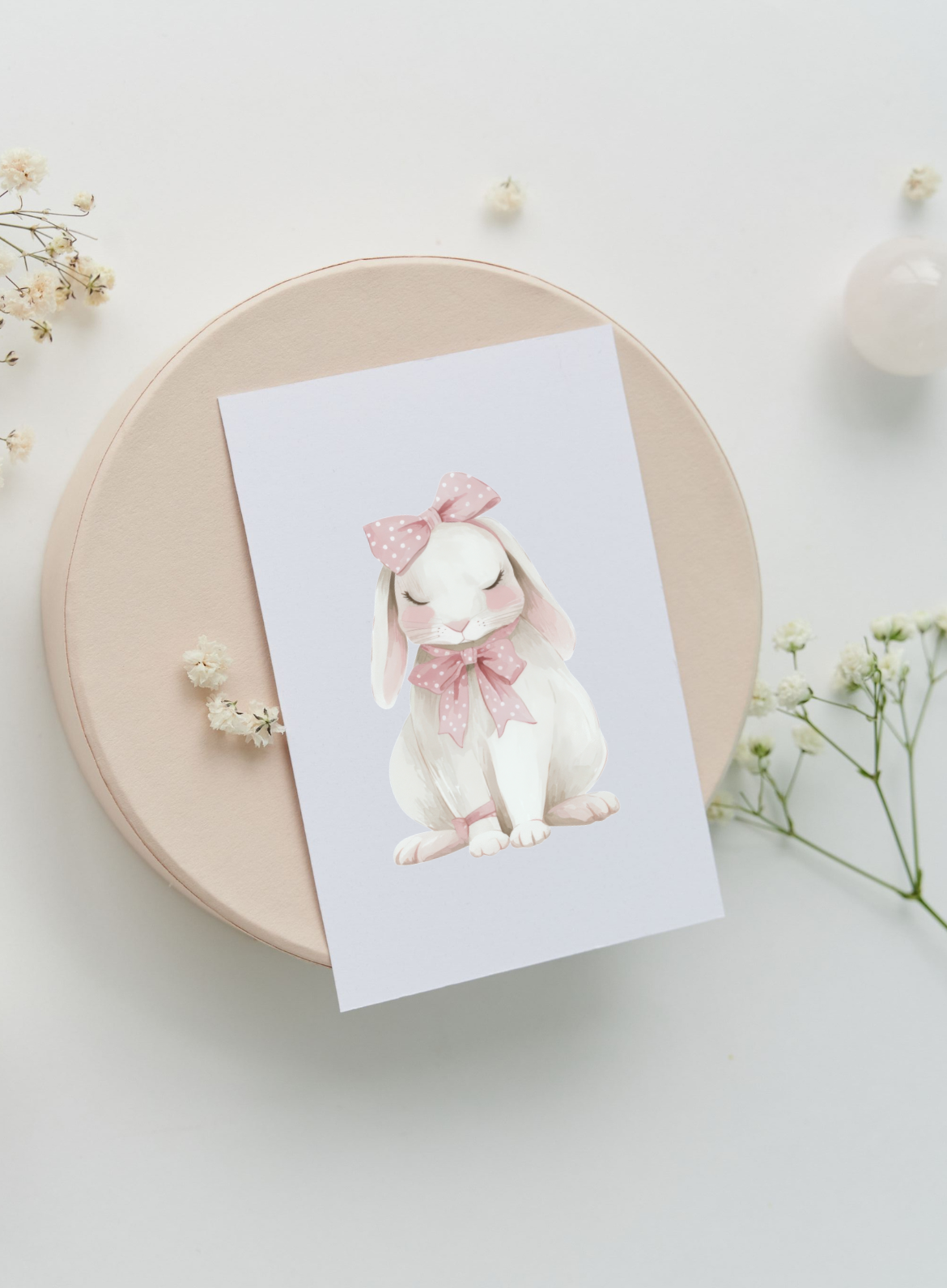 Nursery Bunny Poster — Soft Pink Bow Rabbit Wall Art ( Archival Matte)
