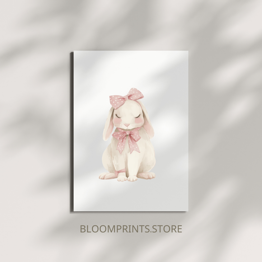 Nursery Bunny Poster — Soft Pink Bow Rabbit Wall Art ( Archival Matte)