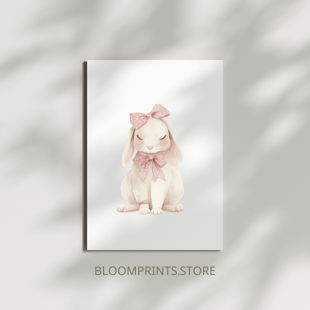 Nursery Bunny Poster — Soft Pink Bow Rabbit Wall Art ( Archival Matte)