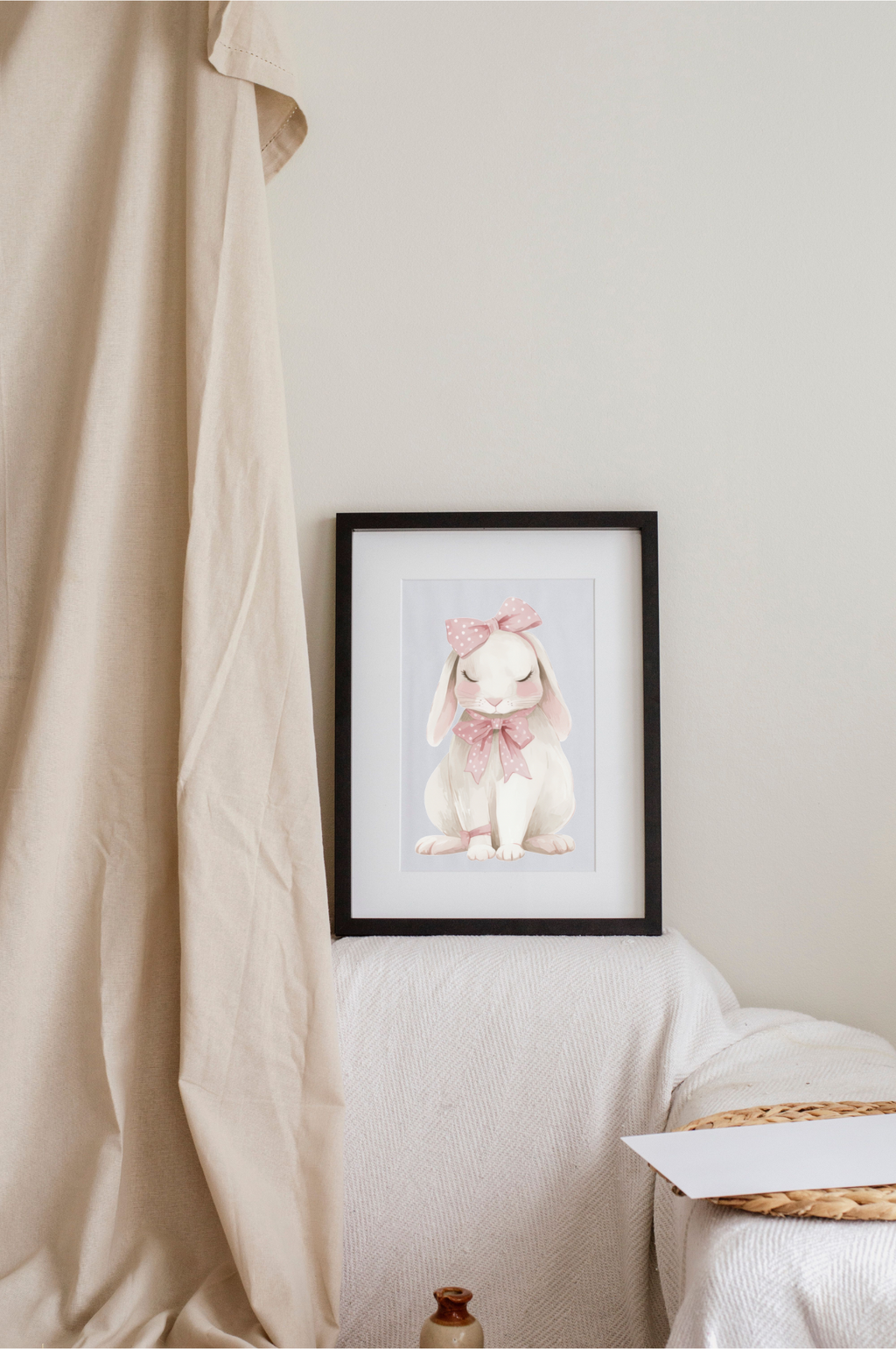Nursery Bunny Poster — Soft Pink Bow Rabbit Wall Art ( Archival Matte)
