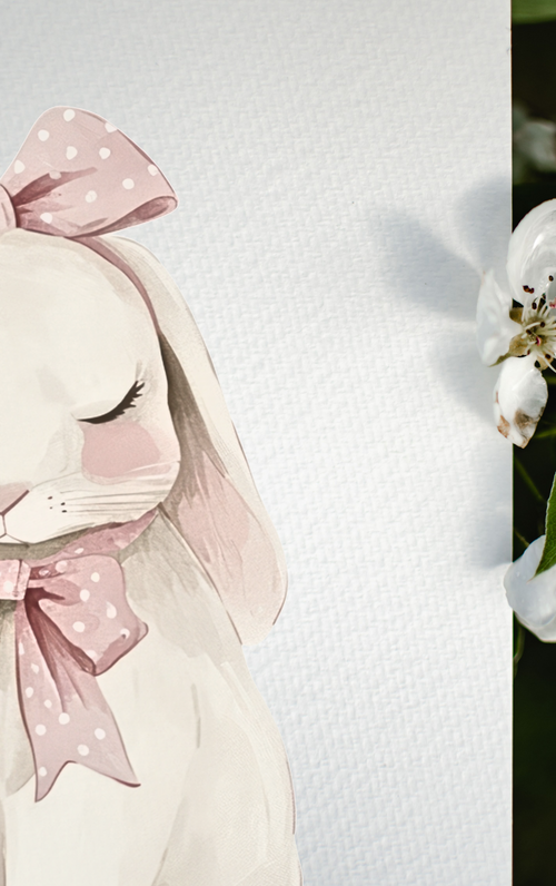 Nursery Bunny Poster — Soft Pink Bow Rabbit Wall Art ( Archival Matte)