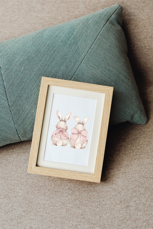 Bunny Pair Watercolor Poster — Pink Ribbon Nursery Art