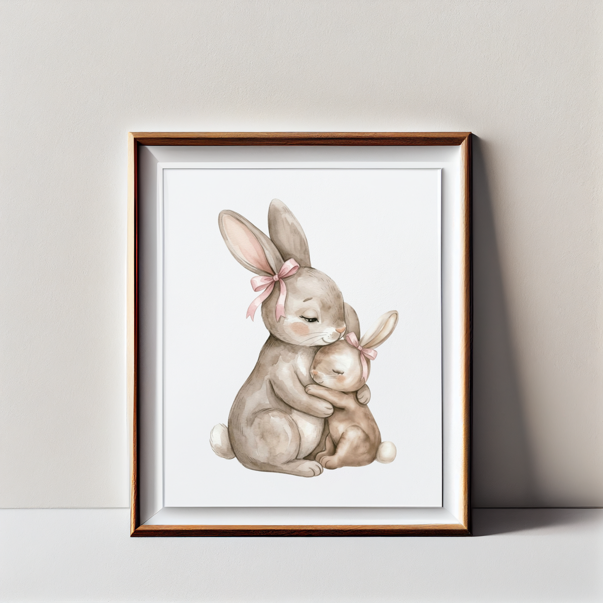 Bunny Mama & Baby Nursery Poster — Cute Watercolor Bunny Wall Art (Satin/Matte)