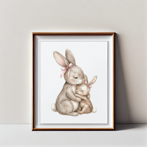 Bunny Mama & Baby Nursery Poster — Cute Watercolor Bunny Wall Art (Satin/Matte)