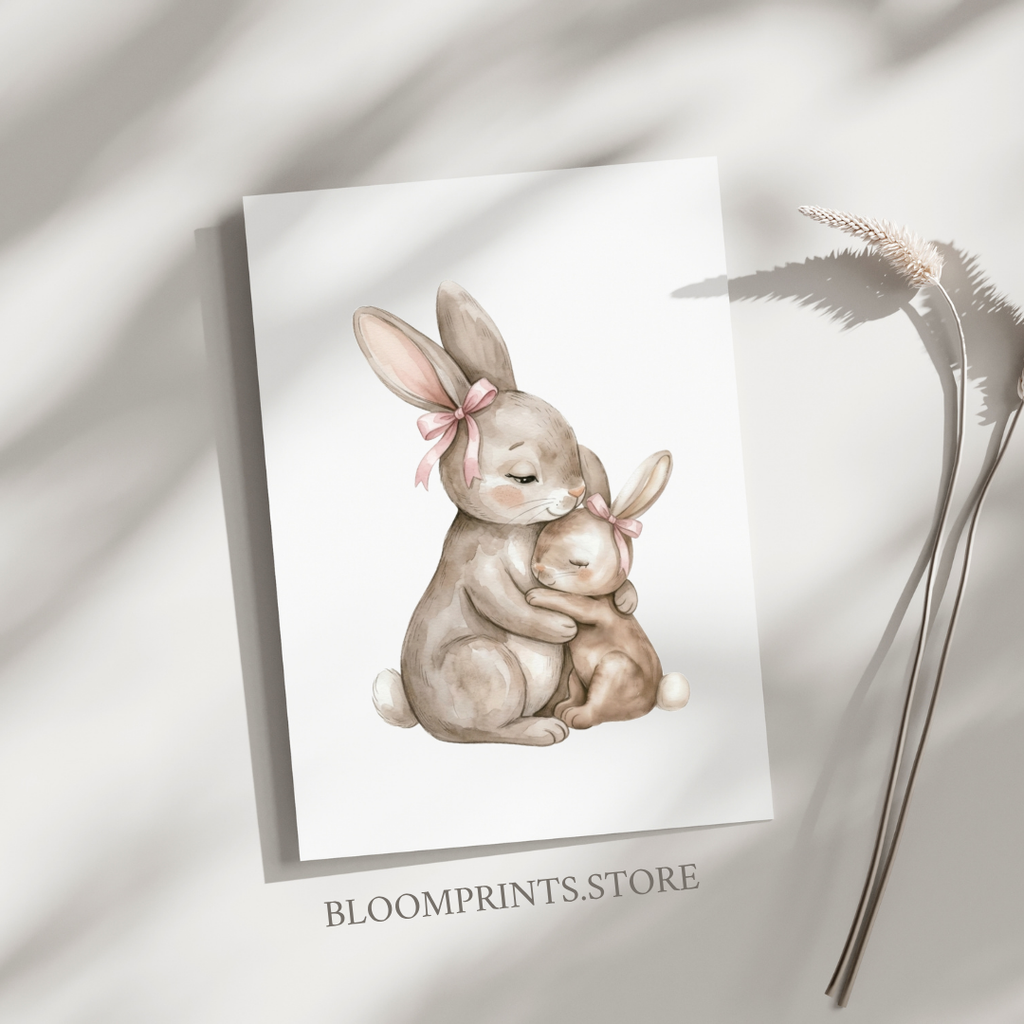 Bunny Mama & Baby Nursery Poster — Cute Watercolor Bunny Wall Art (Satin/Matte)