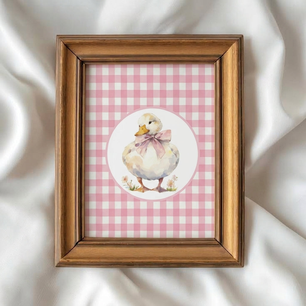 Cute Duckling Nursery Poster - Pink Gingham Matte Art Print