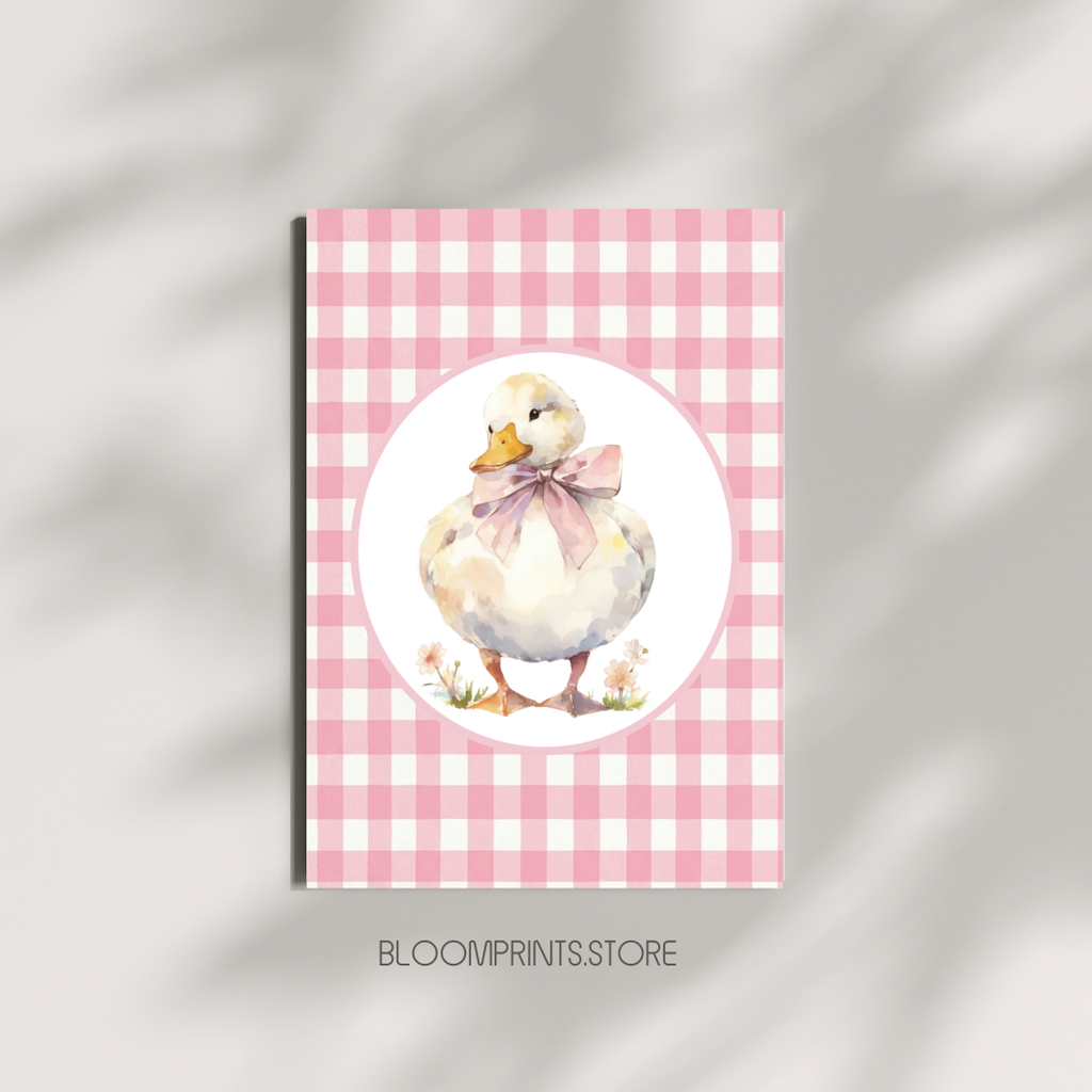 Cute Duckling Nursery Poster - Pink Gingham Matte Art Print