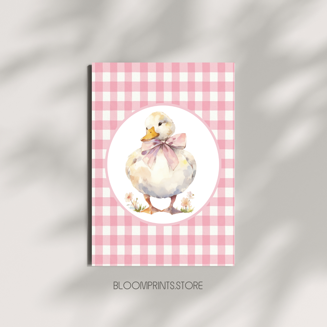 Cute Duckling Nursery Poster - Pink Gingham Matte Art Print