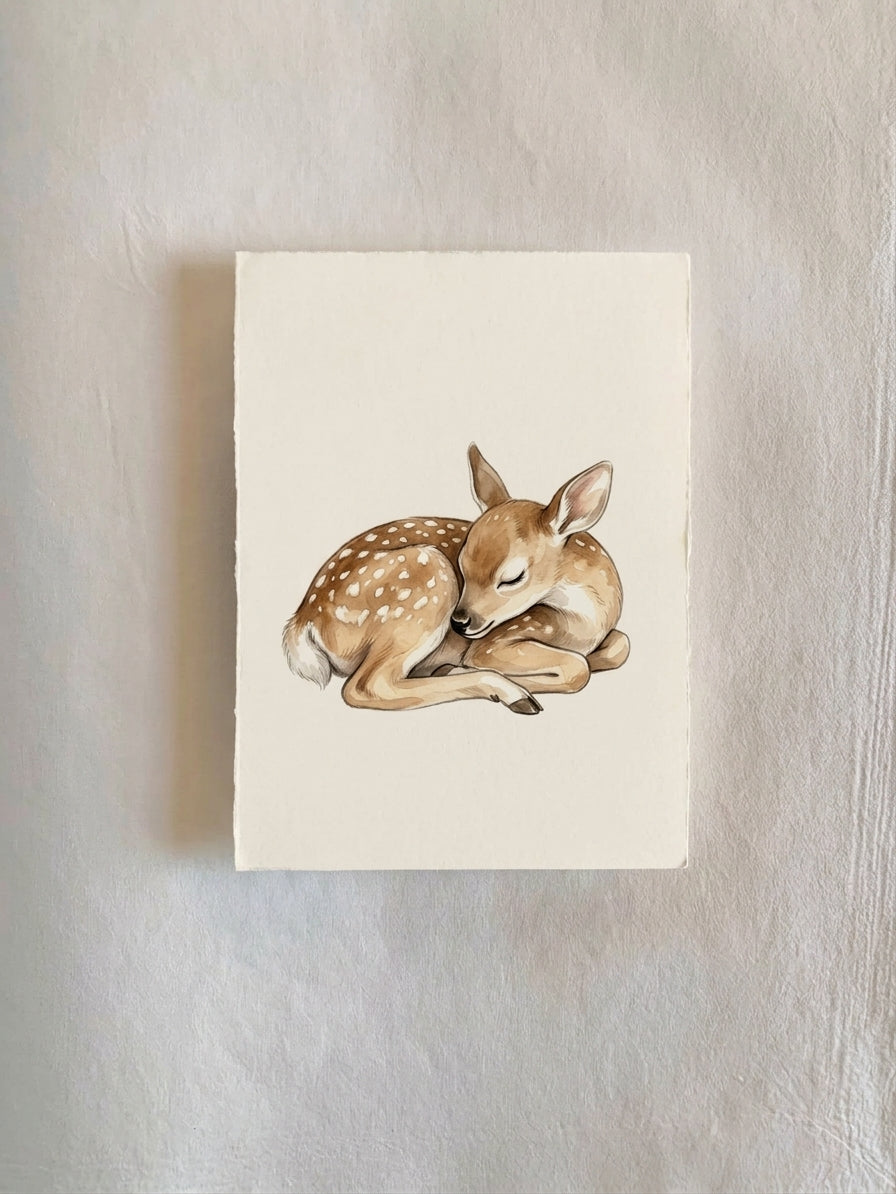 Sleeping Fawn Art Poster — Watercolor Nursery Wall Print