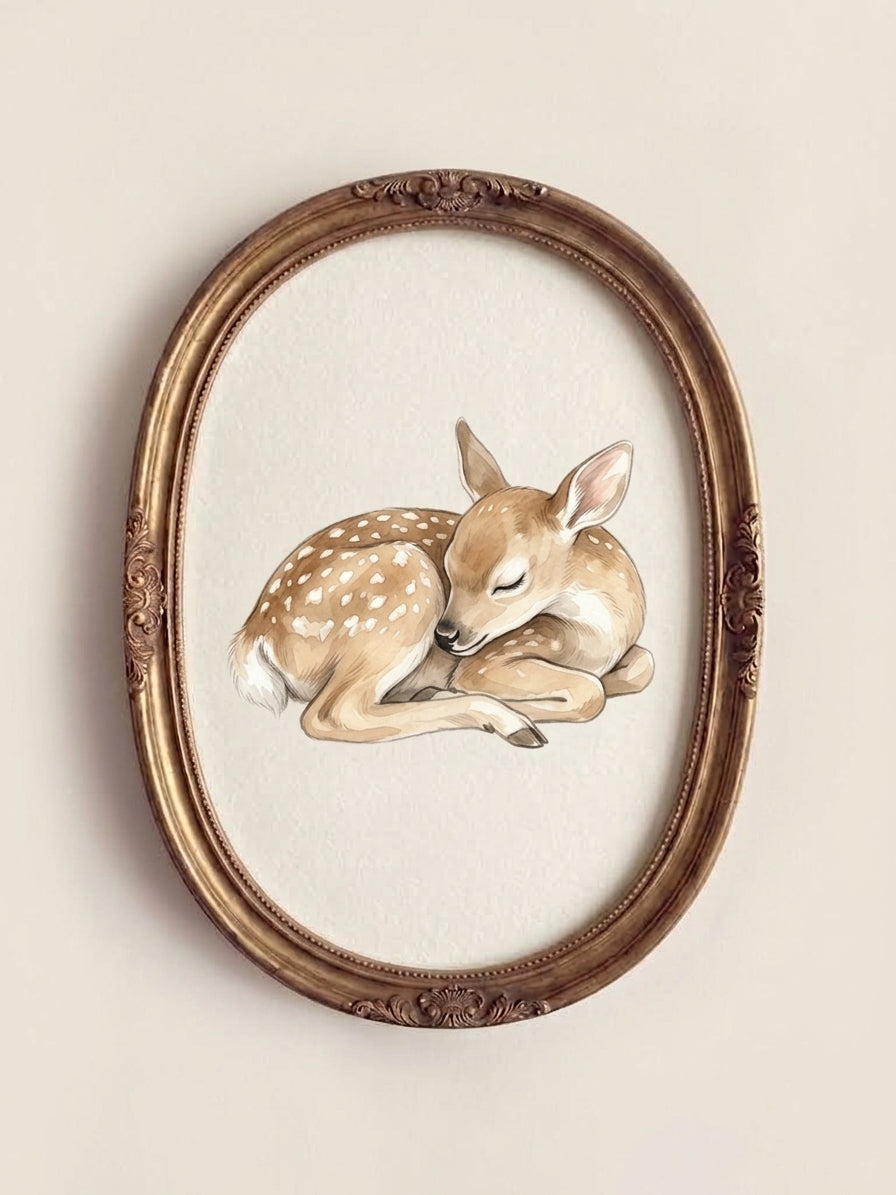 Sleeping Fawn Art Poster — Watercolor Nursery Wall Print