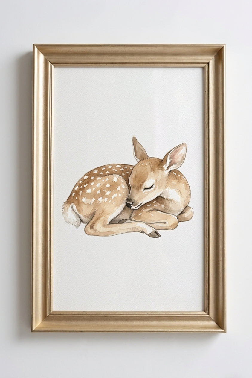 Sleeping Fawn Art Poster — Watercolor Nursery Wall Print