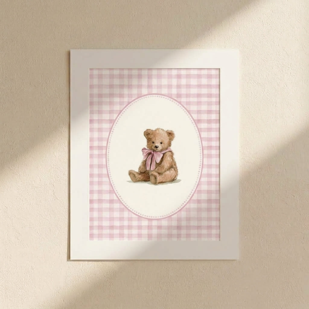 Teddy Bear Nursery Poster — Pink Gingham  Matte Wall Art