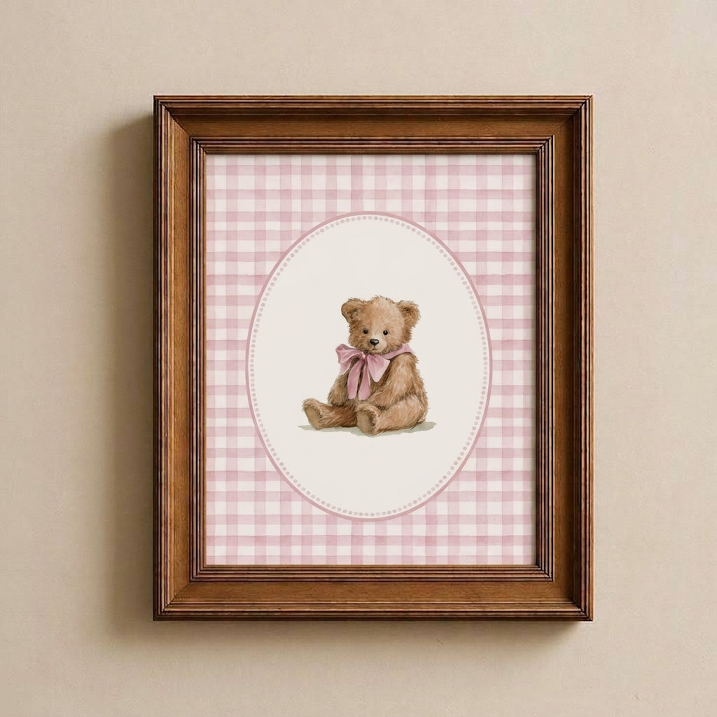 Teddy Bear Nursery Poster — Pink Gingham  Matte Wall Art