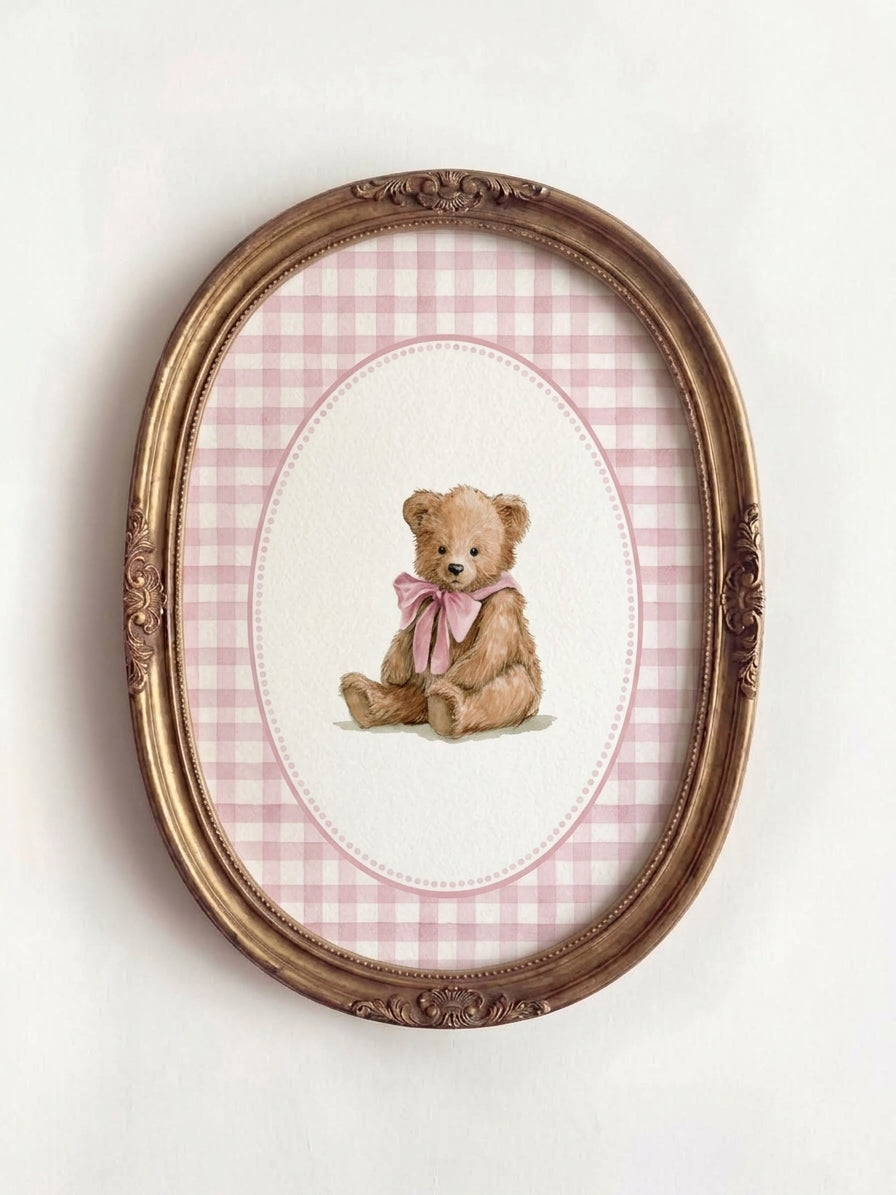 Teddy Bear Nursery Poster — Pink Gingham  Matte Wall Art