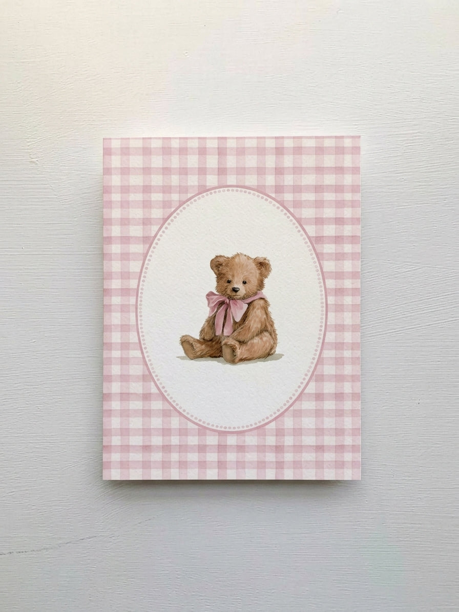 Teddy Bear Nursery Poster — Pink Gingham  Matte Wall Art