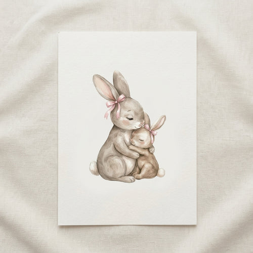 Bunny Hug Matte Poster — Nursery Wall Art, Adorable Mother & Baby Rabbit Print