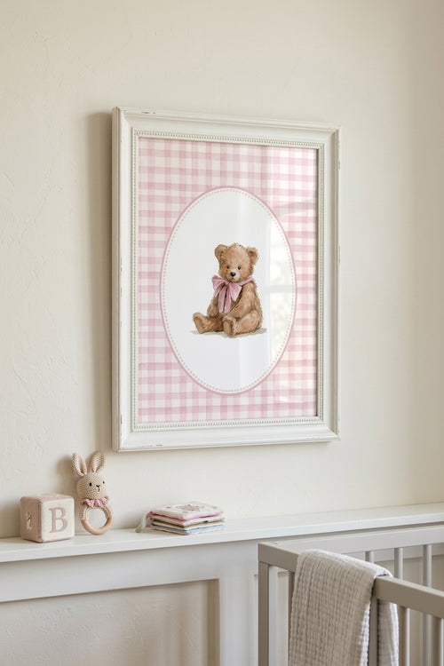 Pink Gingham Teddy Bear Poster — Nursery Wall Art