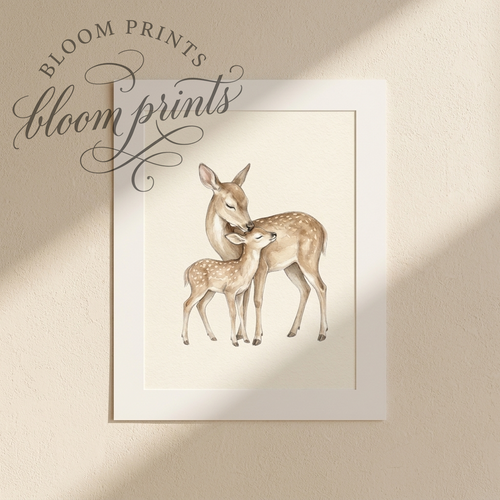 Deer Mama and Fawn Matte Poster — Woodland Nursery Wall Art