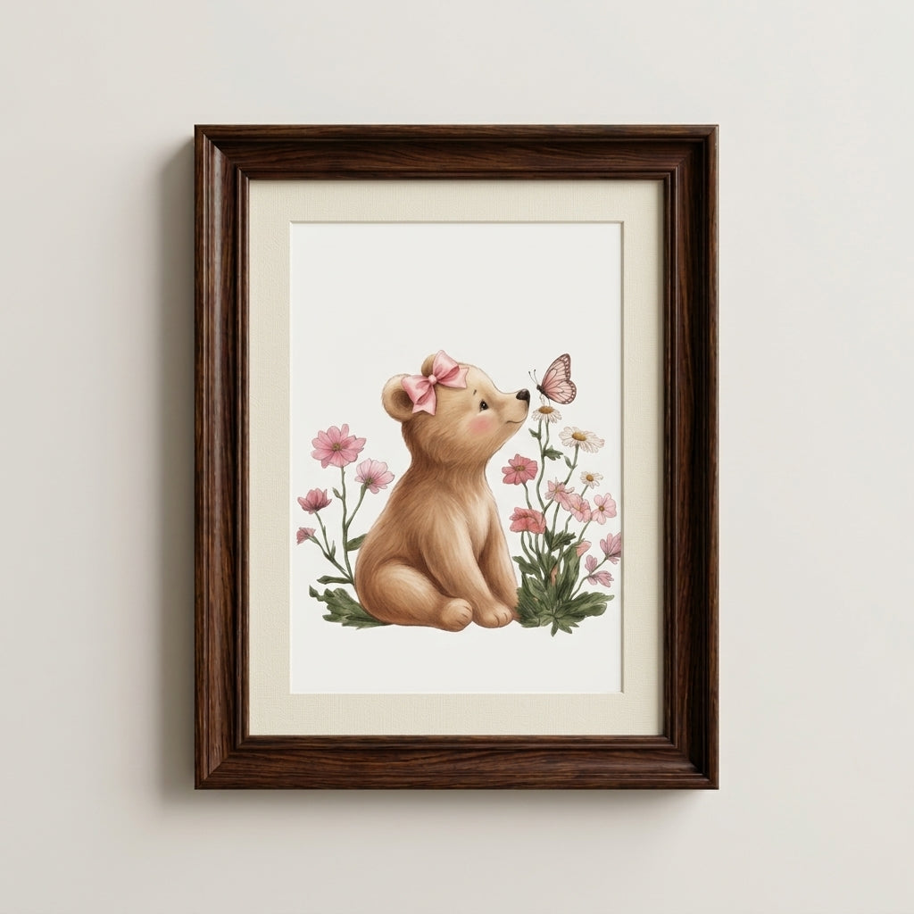 Cute Bear & Butterfly Nursery Poster - Matte Vertical Wall Art