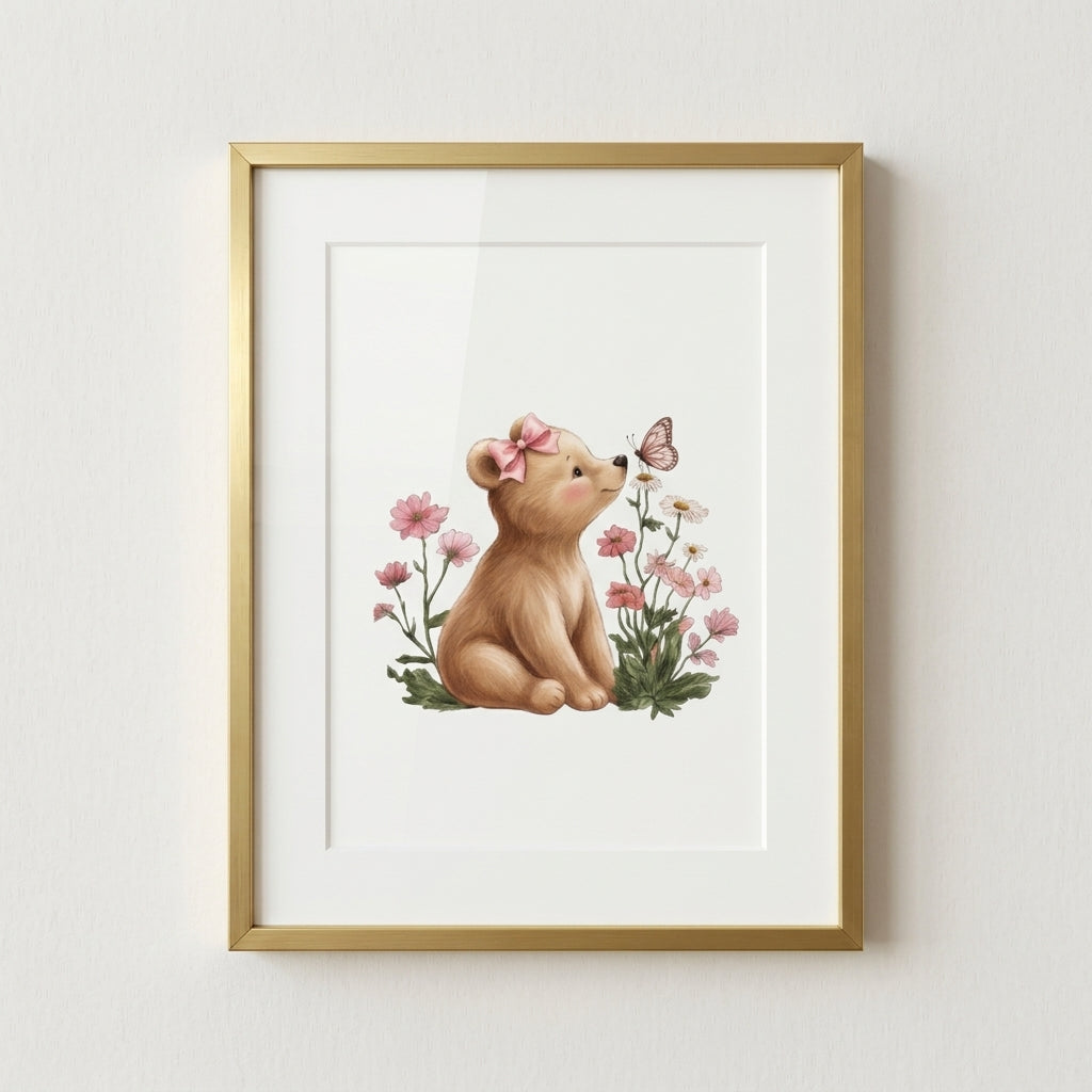 Cute Bear & Butterfly Nursery Poster - Matte Vertical Wall Art