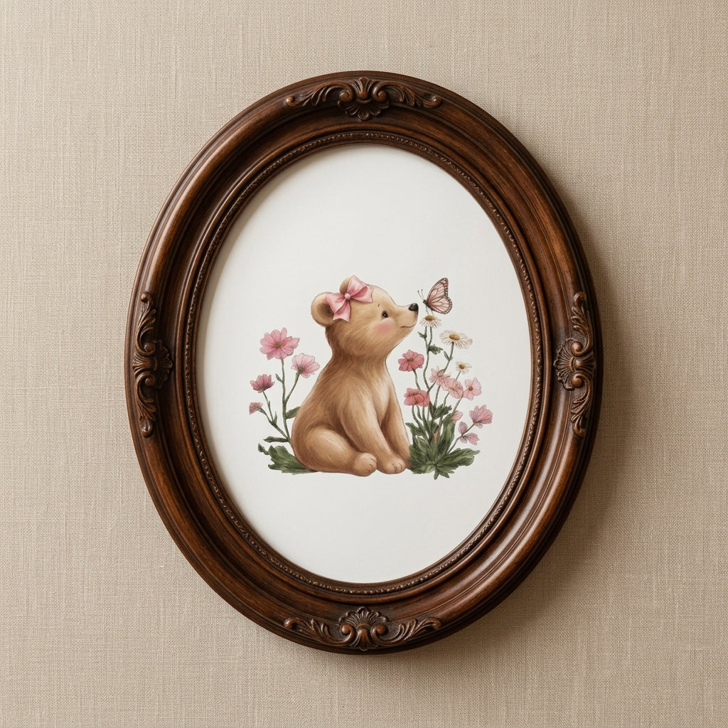 Cute Bear & Butterfly Nursery Poster - Matte Vertical Wall Art