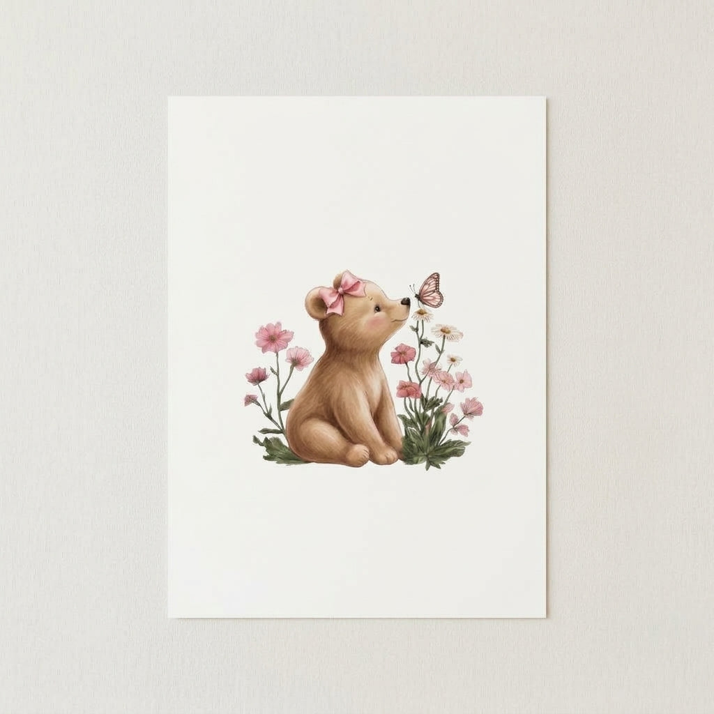 Cute Bear & Butterfly Nursery Poster - Matte Vertical Wall Art