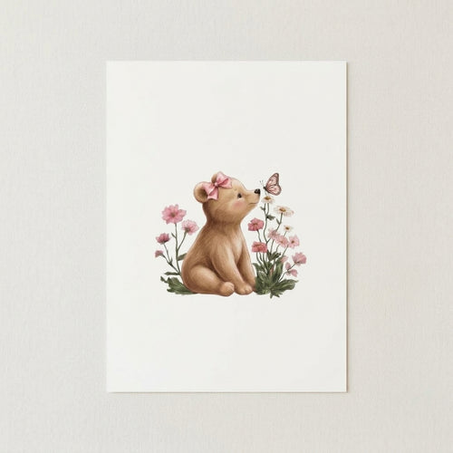 Cute Bear & Butterfly Nursery Poster - Matte Vertical Wall Art