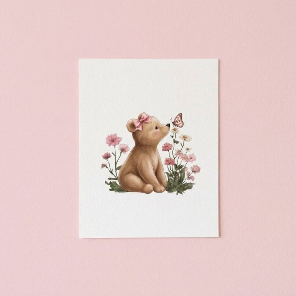 Cute Bear & Butterfly Nursery Poster - Matte Vertical Wall Art