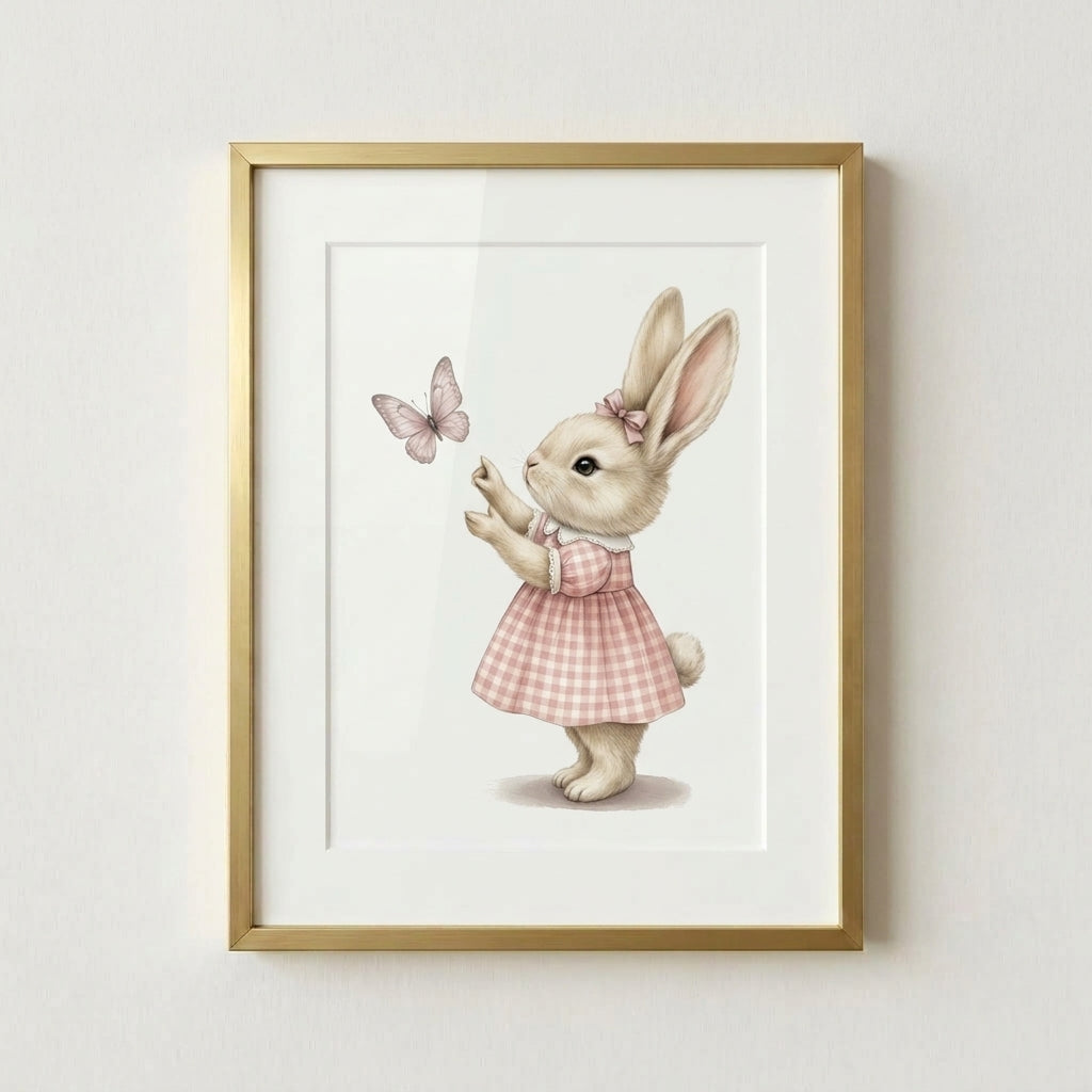 Bunny & Butterfly Nursery Poster - Cute Pink Dress Matte Vertical Print