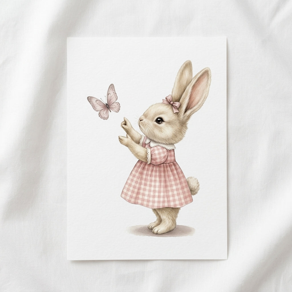 Bunny & Butterfly Nursery Poster - Cute Pink Dress Matte Vertical Print